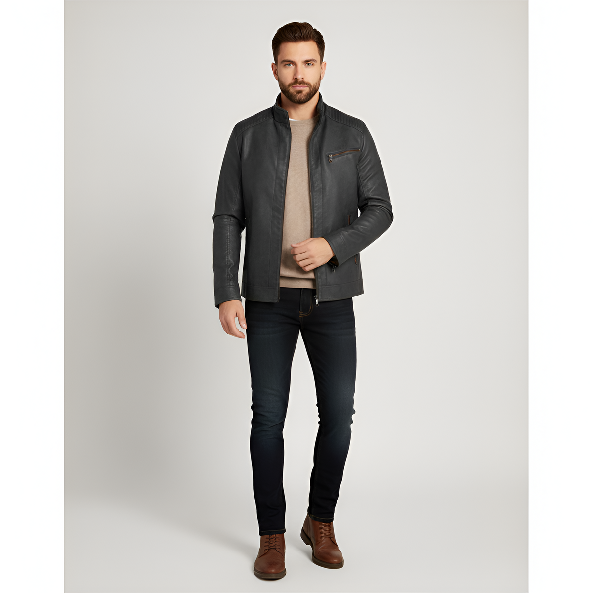 Valerios Fashion chaqueta de hombre en piel slim fit con cremallera